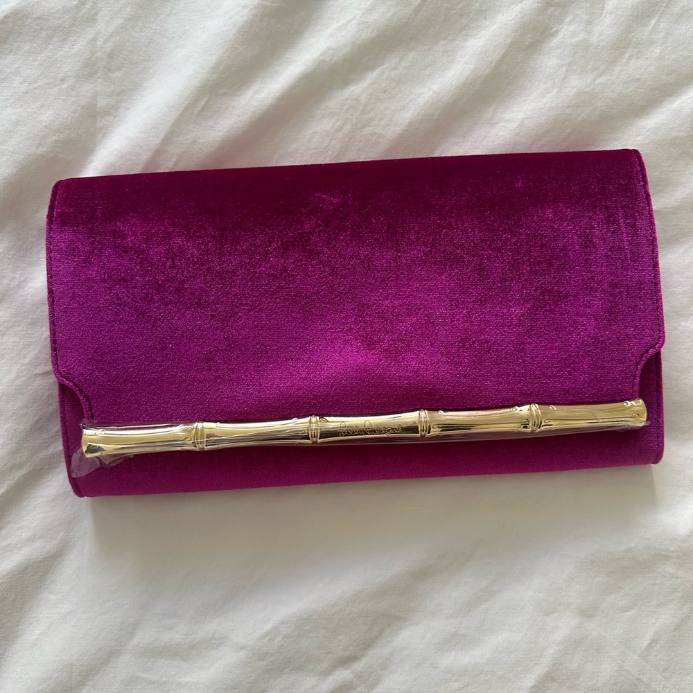 Lilly Pulitzer Fuchsia Pink Clutch with Gold Bamboo Accent NWT